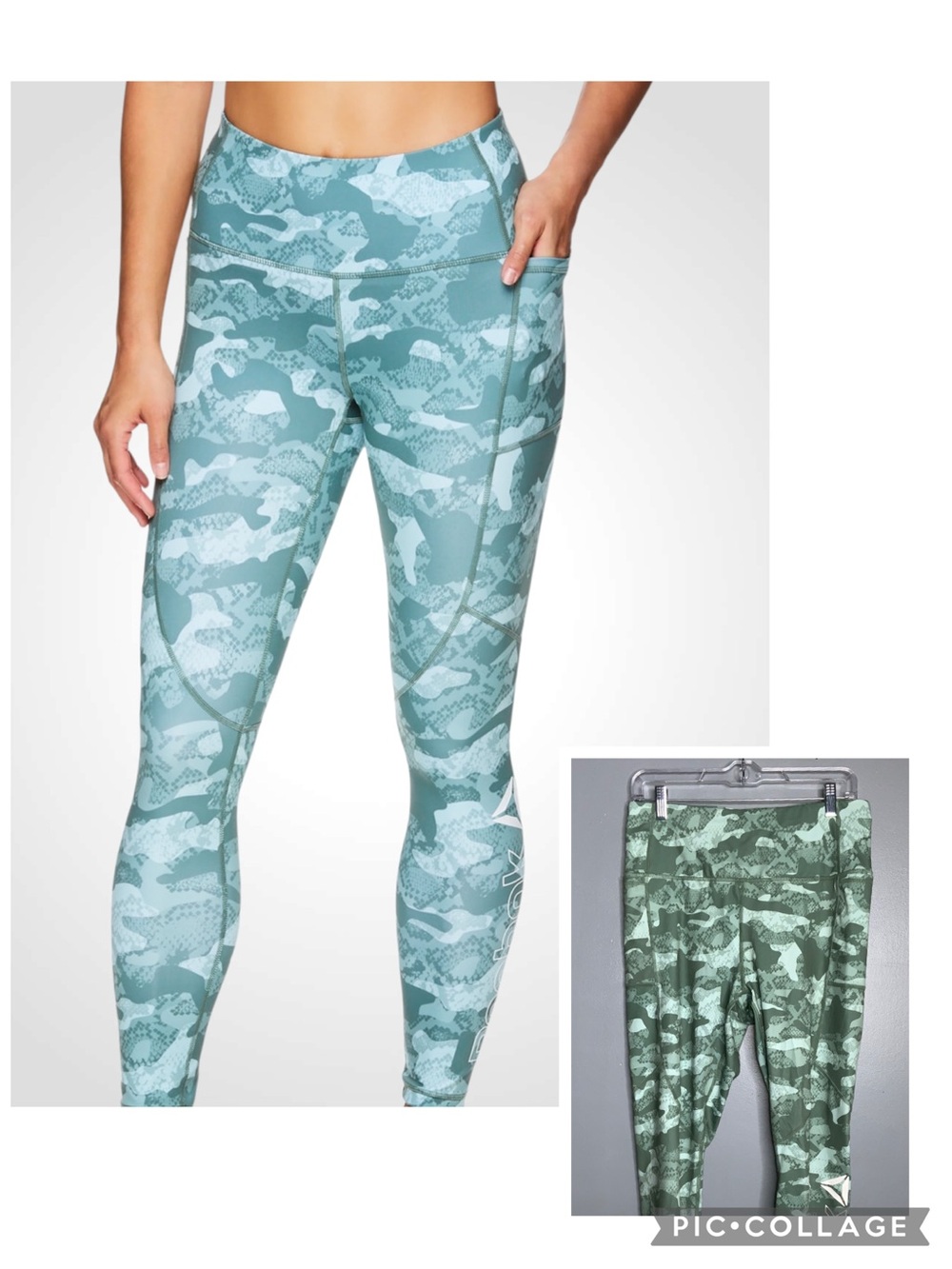 Reebok Green Camo High-Waist Leggings Pockets Large